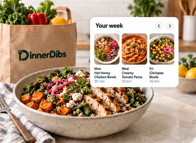 A DinnerDibs grocery bag and dinner bowl beside a planned week of meals