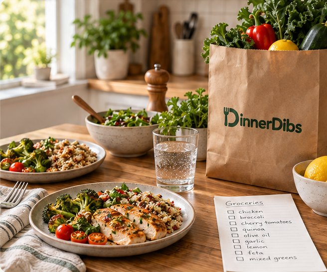 A family dinner table with a DinnerDibs grocery bag and a handwritten grocery list