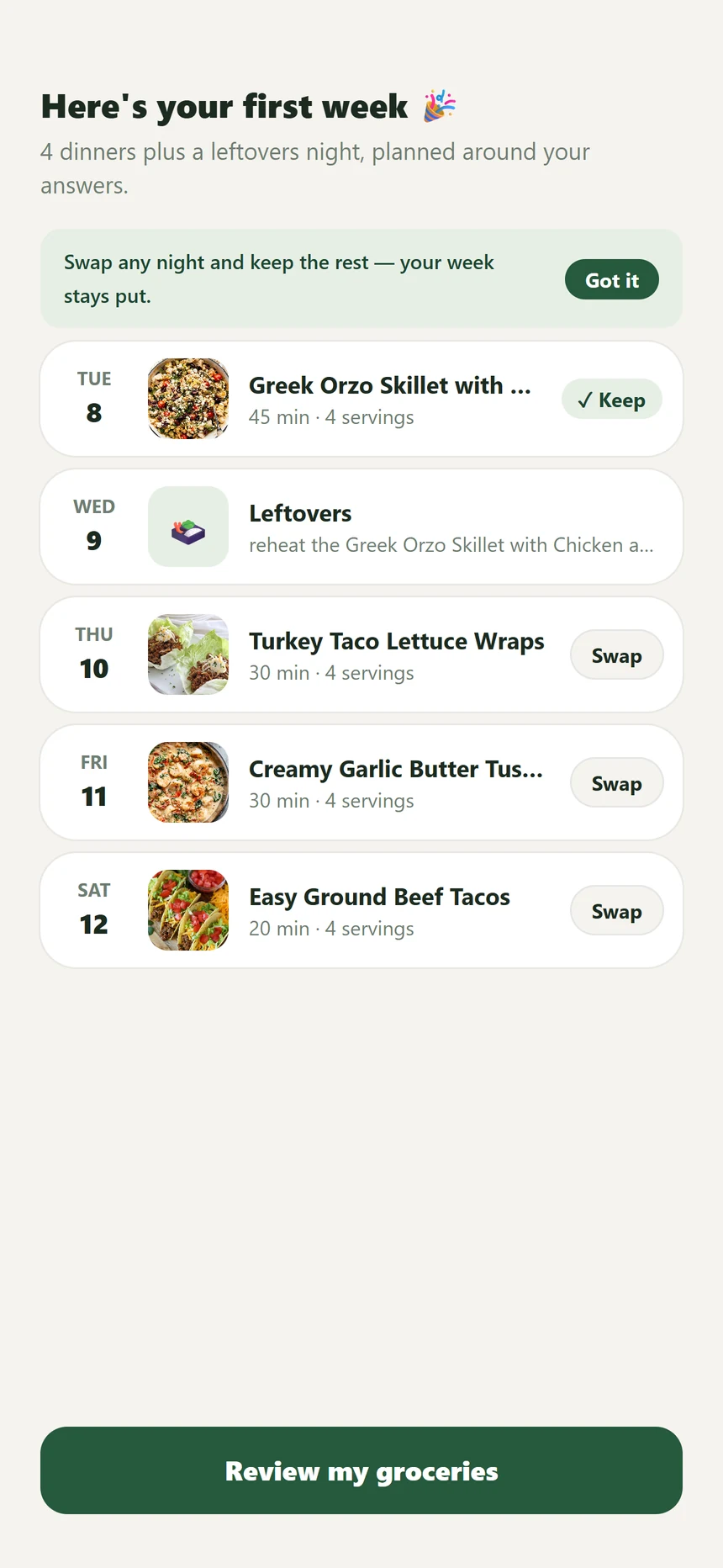 The real first-week reveal: four dinners, a leftovers night, and controls to keep or swap meals.