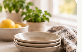 A stack of dinner plates by a sunny window
